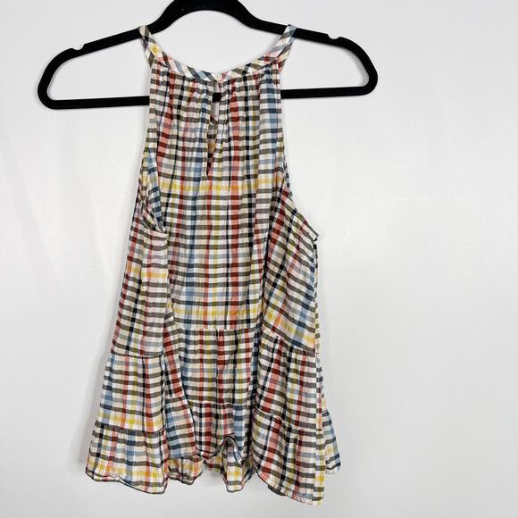LOFT Medium M Plaid Tiered Ruffle Sleeveless Blouse Red Yellow Black Crew Neck - Picture 2 of 9